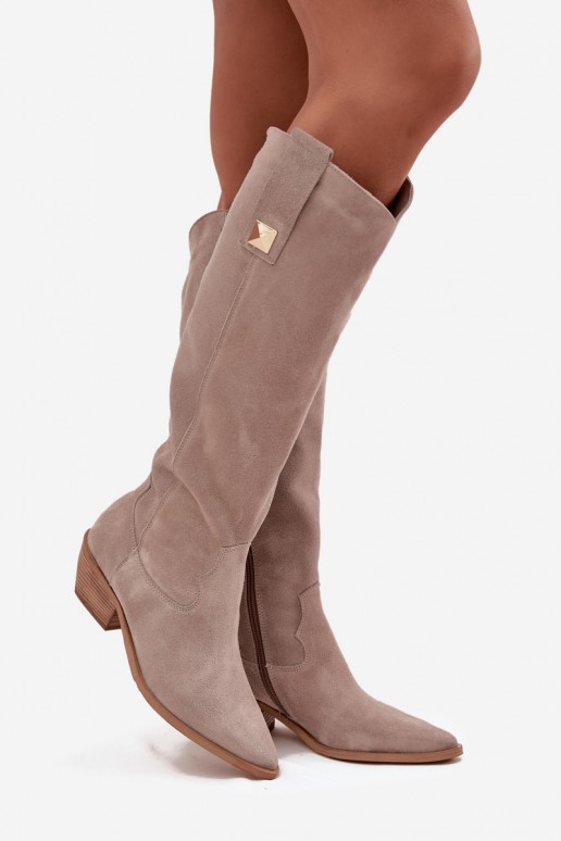 Cappuccino faux suede knee-high cowboy boots with lining Zazoo 4224