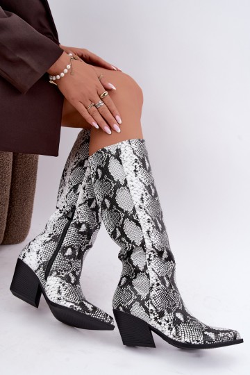 faux fur knee-high cowboy-style boots with snake patterns in black color Bellina 2