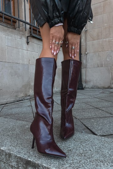 Warm over-the-knee boots with thin heels in burgundy color Fenoria 2