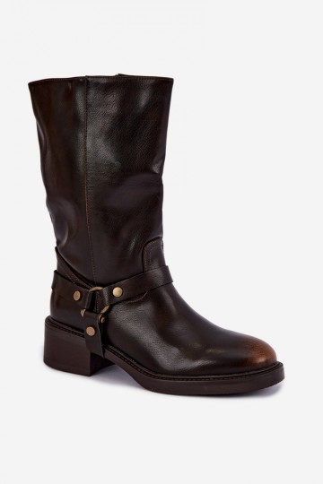 Warm ankle boots with decorative straps in chocolate color Galdine 2
