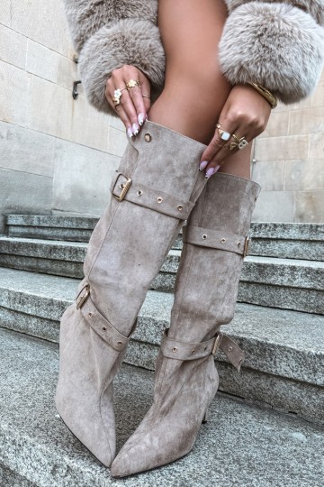 slip-on knee-high boots with thin heels, straps and buckles in sand color Isabeau 2