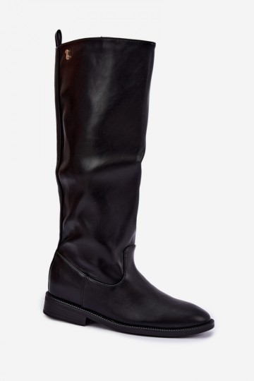 Warm knee-high boots with wide heels and ruffles in black color Odelira 2