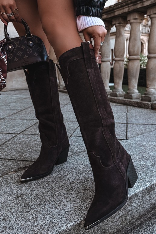 Warm knee-high cowboy-style boots with heels in faux suede brown