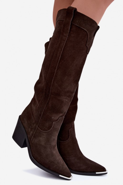 Warm knee-high cowboy-style boots with heels in faux suede brown