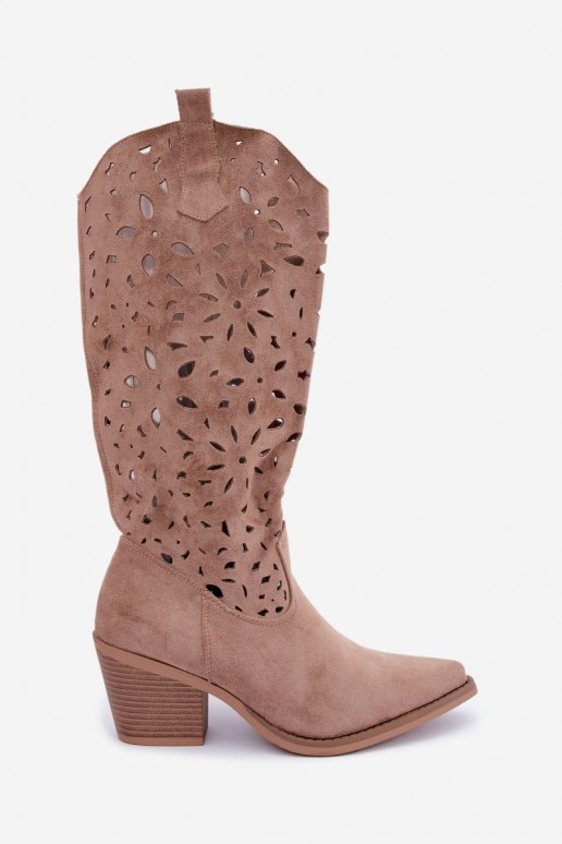 Cut-out knee-high cowboy-style boots with heels in sand Salirae