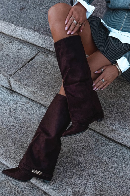 Warm knee-high boots with sewn-in choleika and heels in brown Jorella