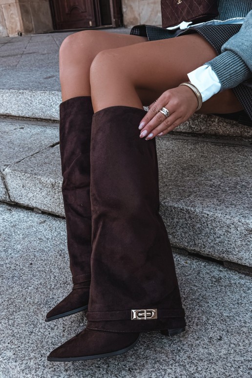 Warm knee-high boots with sewn-in choleika and heels in brown Jorella