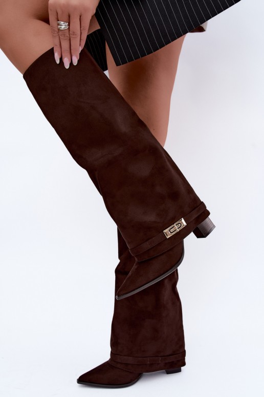 Warm knee-high boots with sewn-in choleika and heels in brown Jorella
