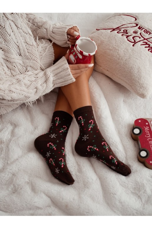 Šokolado spalvos moteriškos kojinės su cukrinėmis lazdelėmis ir snaigėmis