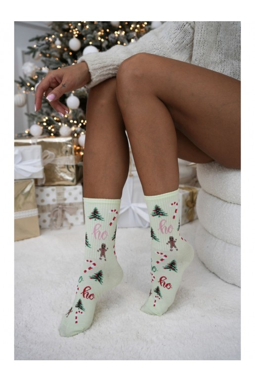 Pistachio women's socks with Christmas trees Ho Ho Ho