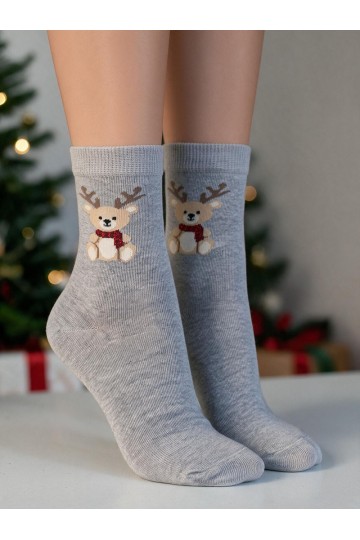 Children's socks with Christmas teddy bear and antlers in gray
