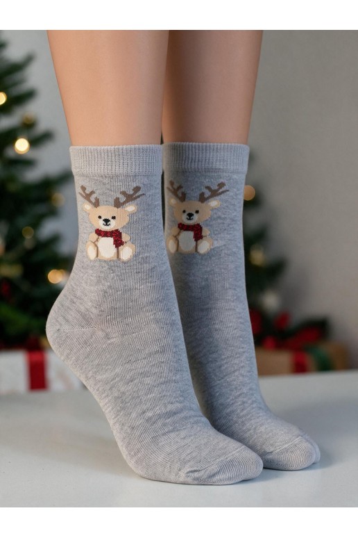 Children's socks with Christmas teddy bear and antlers in gray