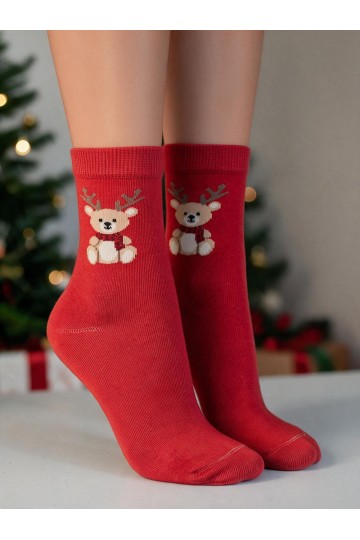 Children's socks with Christmas teddy bear and antlers in red