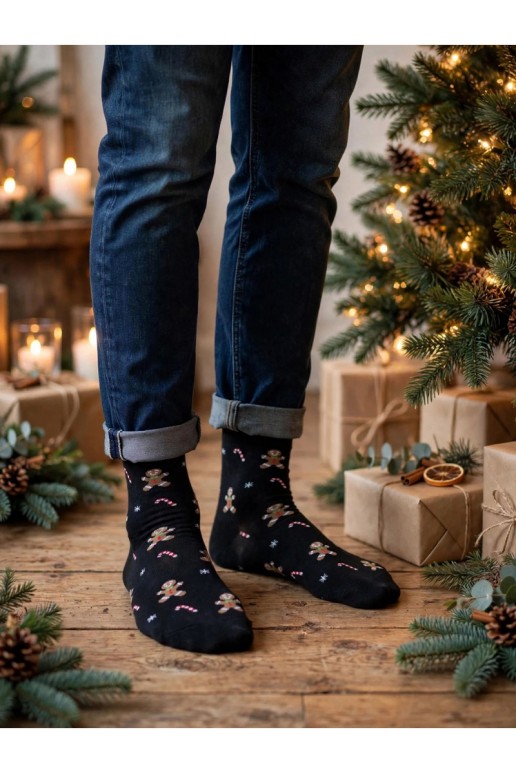 Men's socks with Christmas candy canes and cookies in black
