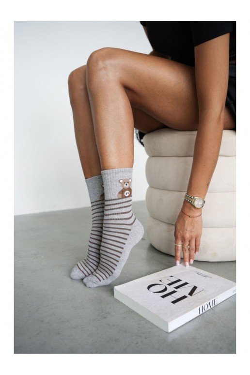 Women's socks with teddy bears and stripes in gray