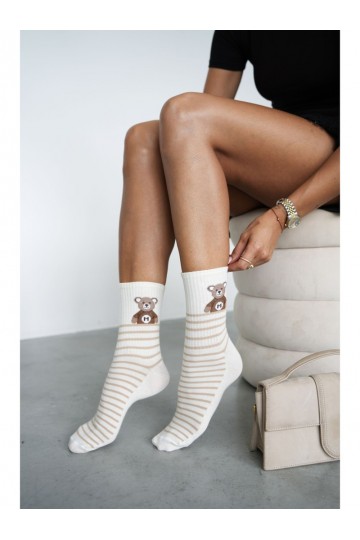 Women's socks with teddy bears and stripes in ivory
