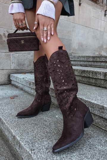 Cut-out knee-high cowboy-style boots with heels in brown Salirae