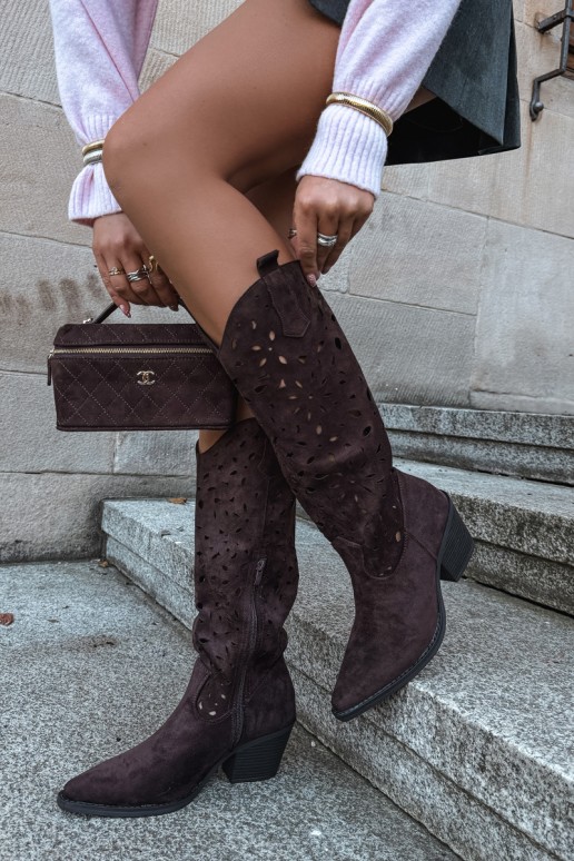 Cut-out knee-high cowboy-style boots with heels in brown Salirae