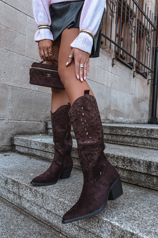 Cut-out knee-high cowboy-style boots with heels in brown Salirae