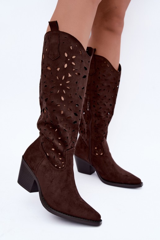 Cut-out knee-high cowboy-style boots with heels in brown Salirae