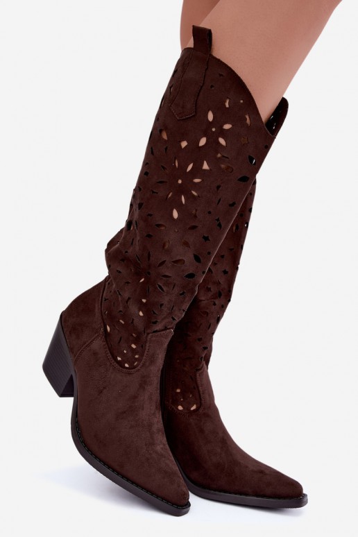 Cut-out knee-high cowboy-style boots with heels in brown Salirae