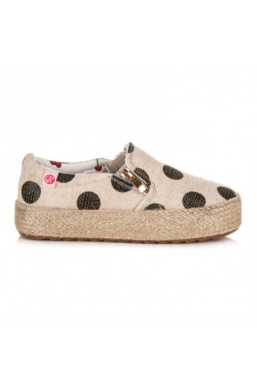 Vaikiški madingi kreminės spalvos tekstiliniai batai su dekoratyviniu užtrauktuku ir juodais taškeliais K1645004NE  - 1 Vaikiški madingi kreminės spalvos tekstiliniai batai su dekoratyviniu užtrauktuku ir juodais taškeliais K1645004NE  - 1