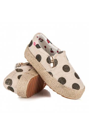 Children's trendy cream textile shoes with decorative zipper and black dots K1645004NE