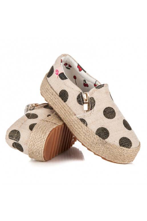 Dziecięce modne kremowe buty tekstylne z dekoracyjnym zamkiem i czarnymi kropkami K1645004NE
