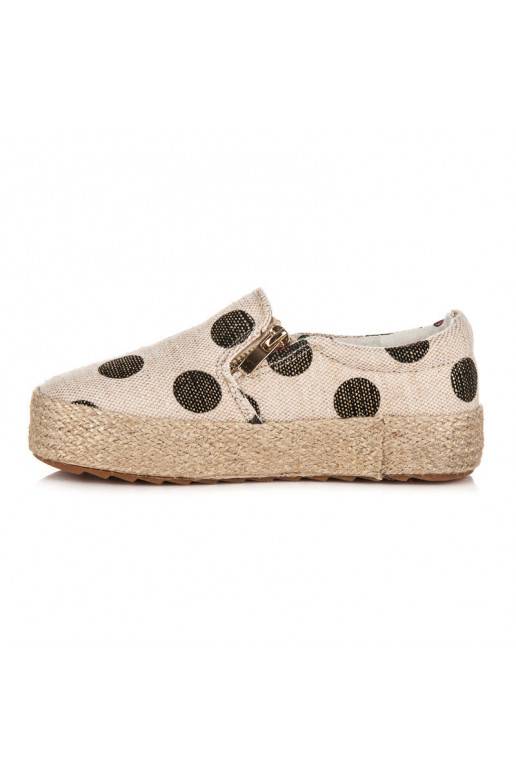Children's trendy cream textile shoes with decorative zipper and black dots K1645004NE