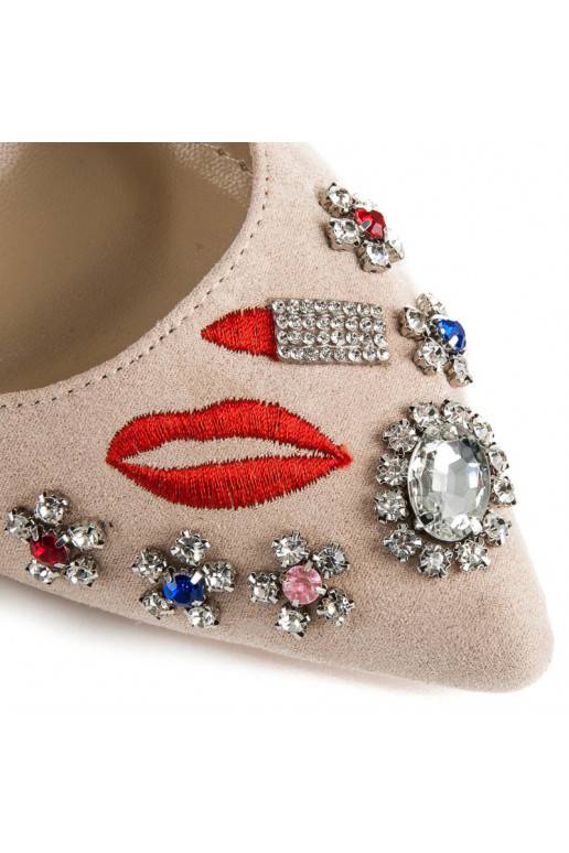 Zomšiniai smėlio spalvos bateliai su siuvinėtomis ir blizgiomis detalėmis WL119BE  - 2