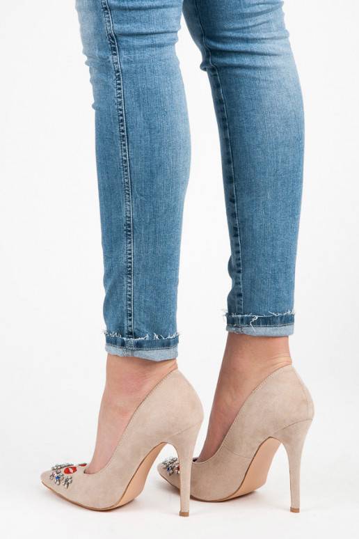 Zomšiniai smėlio spalvos bateliai su siuvinėtomis ir blizgiomis detalėmis WL119BE  - 3