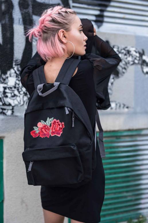 black Backpack Simple Roses Patch  - 1 black Backpack Simple Roses Patch  - 1