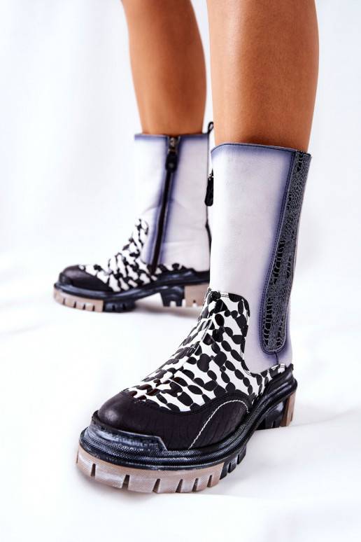 High Leather Boots Maciejka Black and White 05141-11