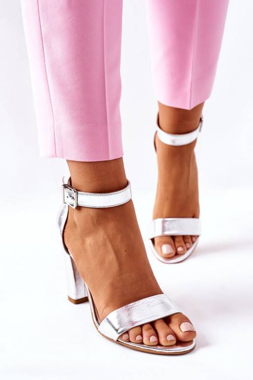 Classic Leather Sandals On Block Heel in Silver from Laura Messi