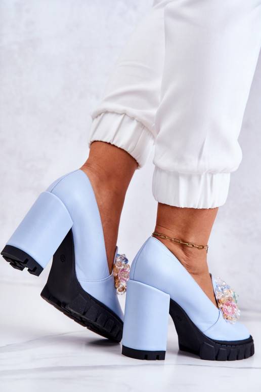 Elegant Pumps With Ornament Smooth Blue Caterine
