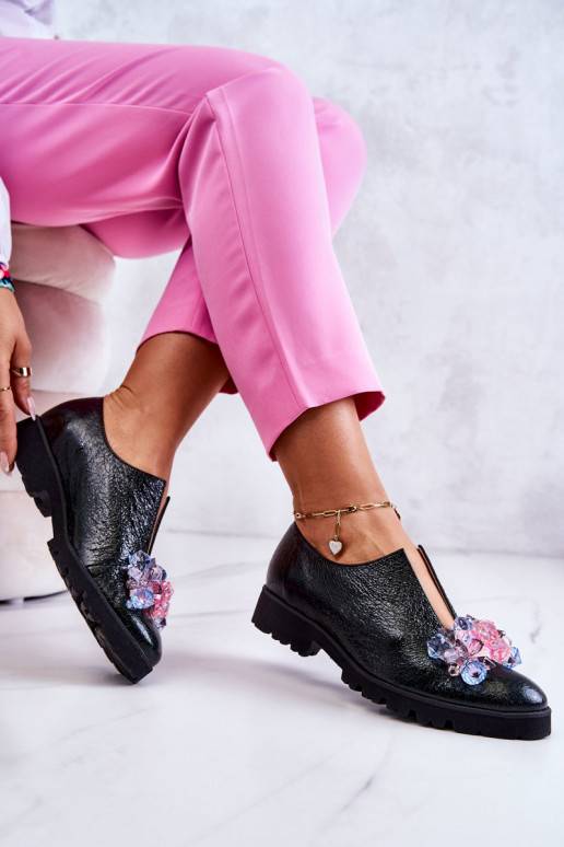 Elegant Leather Shoes With Ornament Dark green Cindy