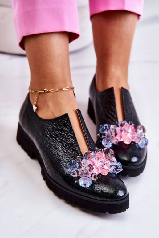Elegant Leather Shoes With Ornament Dark green Cindy