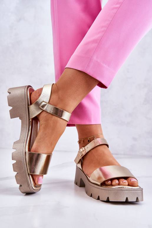 Leather Sandals On Heel Gold Sovie