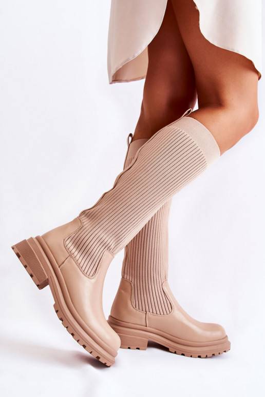 Ribbed Women's Boots On Flat Heel Beige Allys