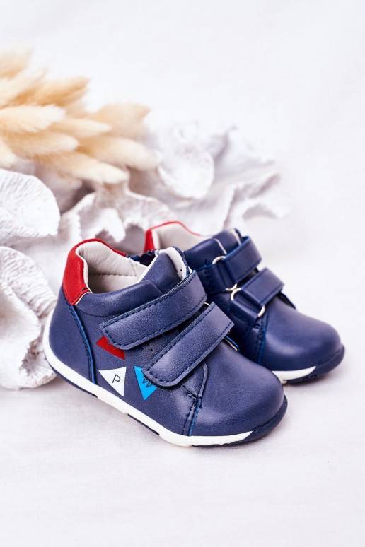 Children's Leather Shoes With Velcro Navy Blue Milo
