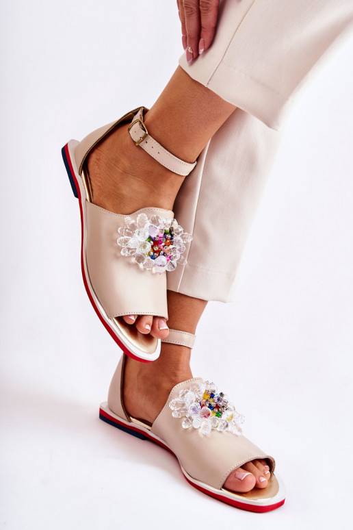 Women's Leather Sandals With Decoration Beige Nevassa