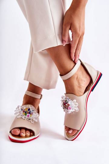 Women's Leather Sandals With Decoration Beige Nevassa 2