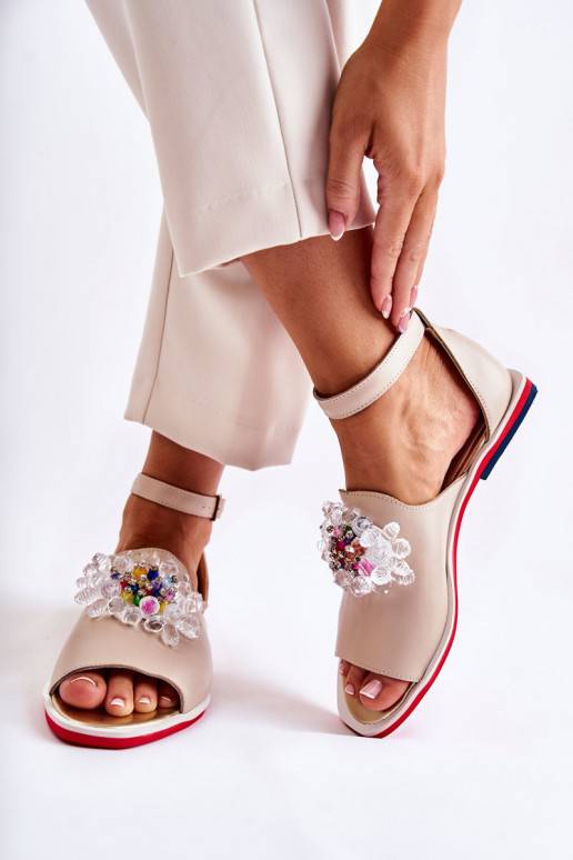 Women's Leather Sandals With Decoration Beige Nevassa