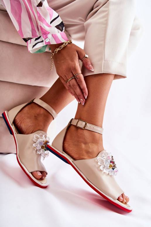 Women's Leather Sandals With Decoration Beige Nevassa