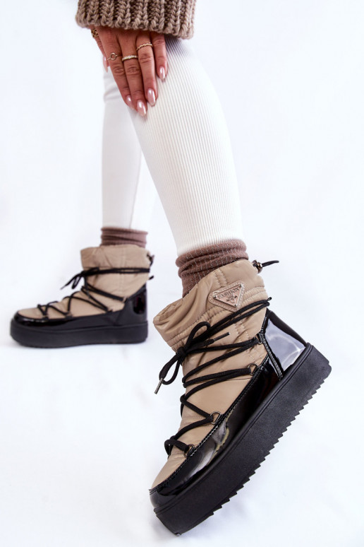 Women's Fashionable Lace-up Snow Boots Beige and Black Carrios