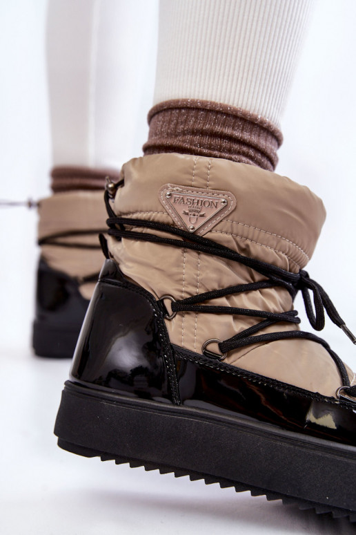 Women's Fashionable Lace-up Snow Boots Beige and Black Carrios