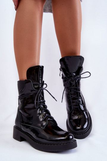 Women's Lacquered Lace-up Boots Black Laverda 2