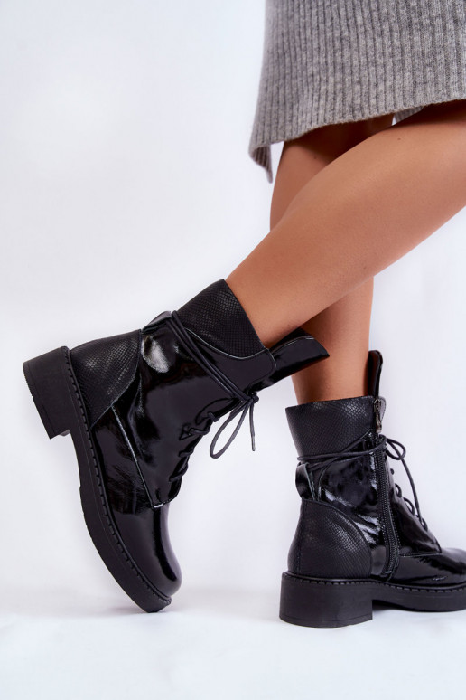 Women's Lacquered Lace-up Boots Black... Women's Lacquered Lace-up Boots Black...