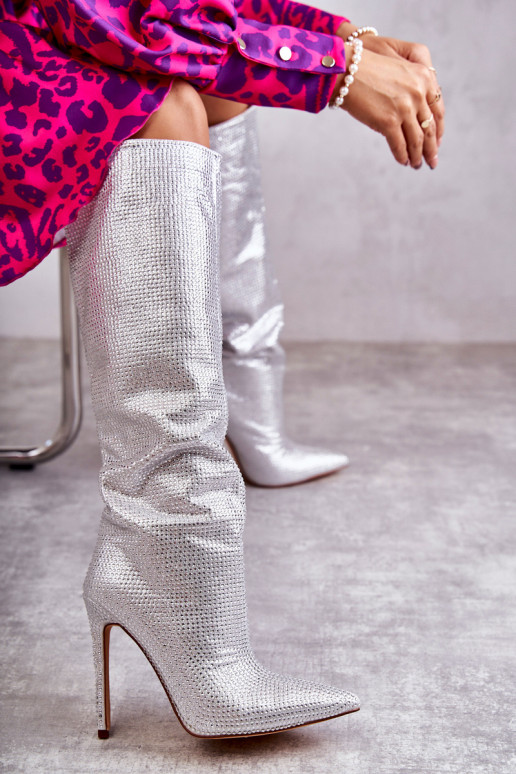 Fashionable Boots On High Heel With Cubic Zirconia Silver Lovisa