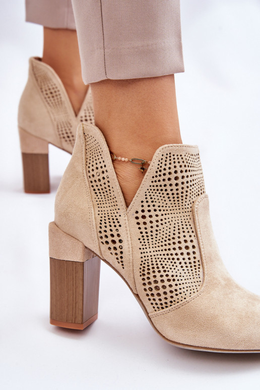 Openwork Suede High Heel Boots Light beige Leanna